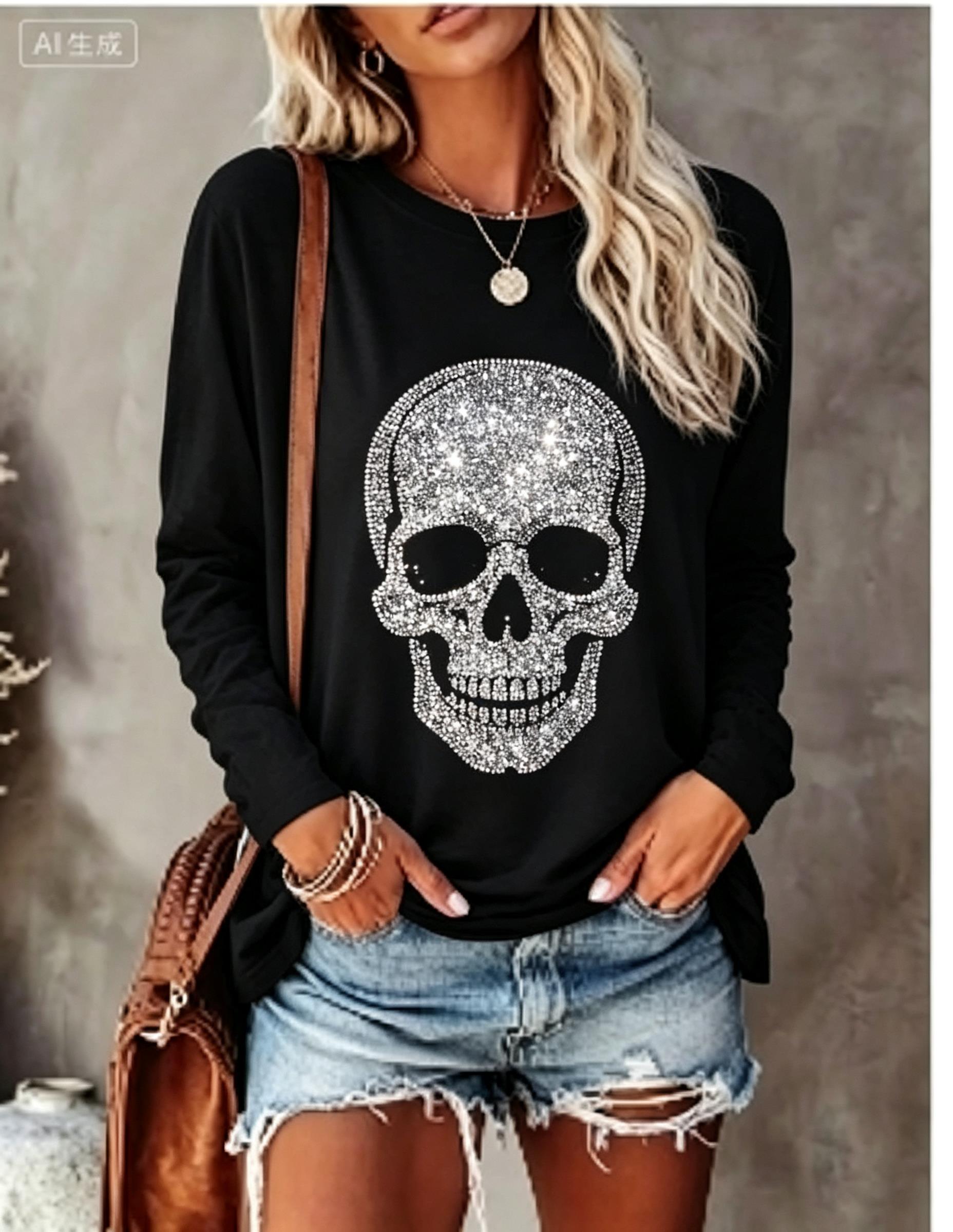 T-Shirts - Damen Langarm-T-Shirt mit simuliertem Strass-Totenkopf und